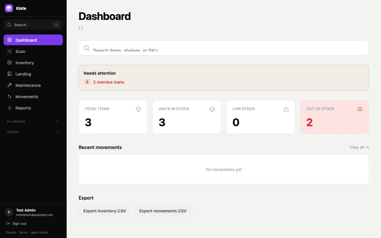 Dashboard with needs-attention banner, stat cards, and recent movements