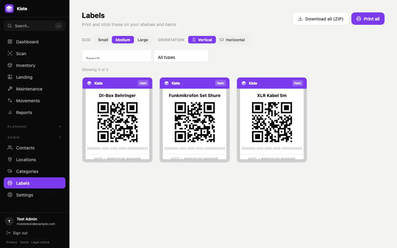 Labels page with size and orientation controls