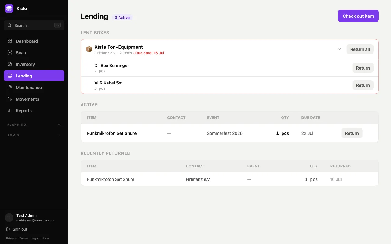 Lending page showing a lent box group, an active loan, and recently returned items