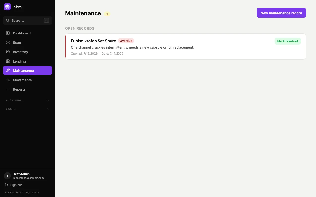 Maintenance page with one open, overdue record