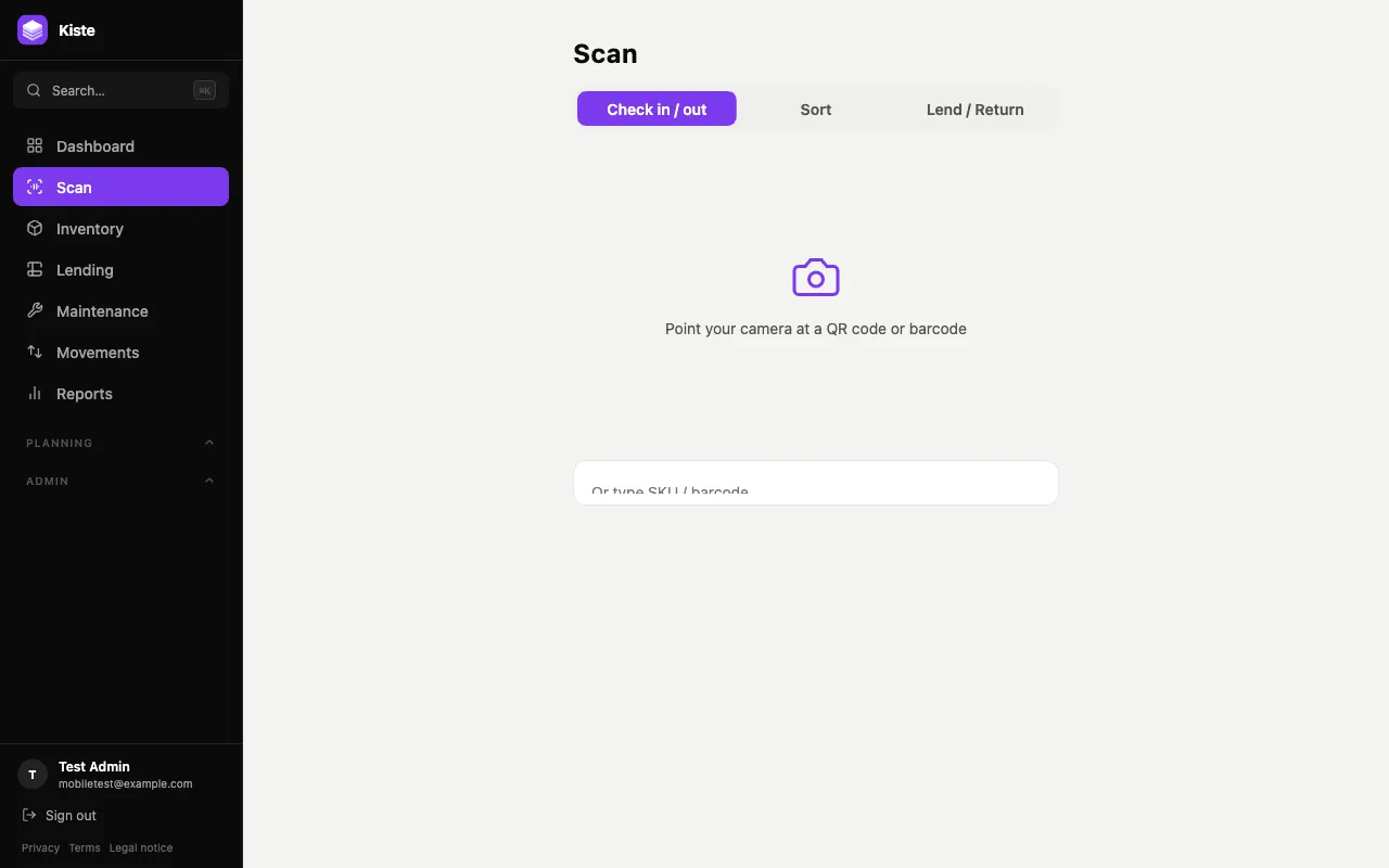 Scan page in Check in / out mode, ready to scan