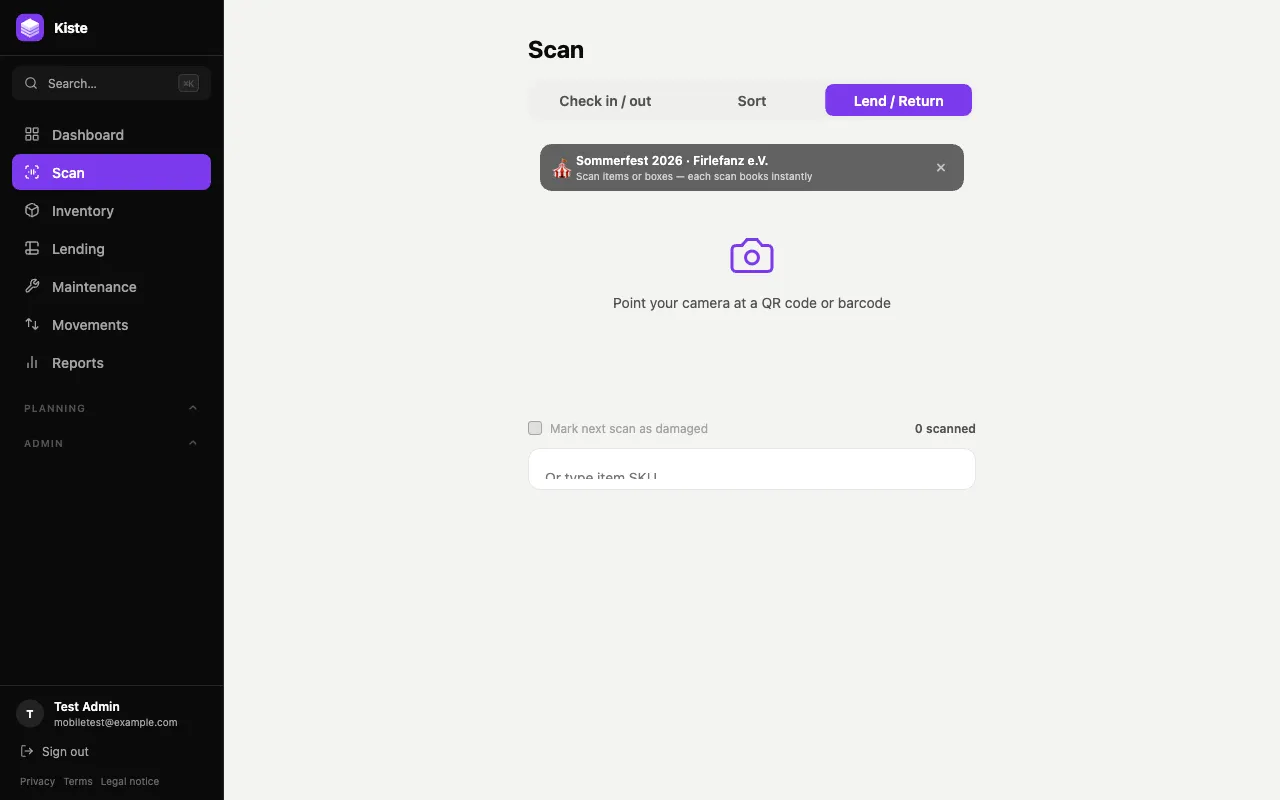 Scan page in Lend / Return mode with an active session for an event and contact