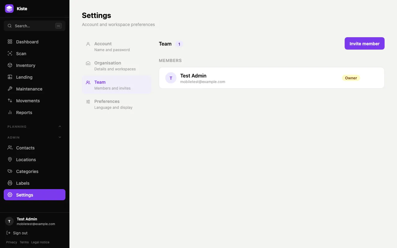 Settings page, Team tab, showing members and an Invite member button